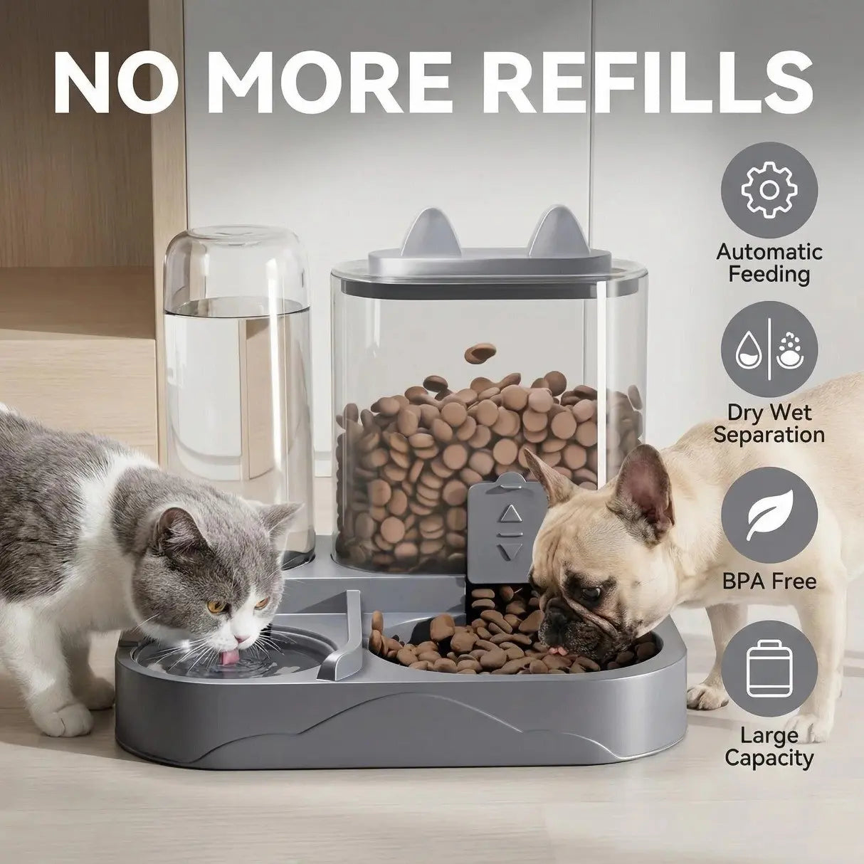 Automatic 2-in-1 Cat Feeder and Water Dispenser with Gravity Feed System, BPA-Free, Dry and Wet Separation, Perfect for Indoor Cats and Dogs, Travel-Friendly Design