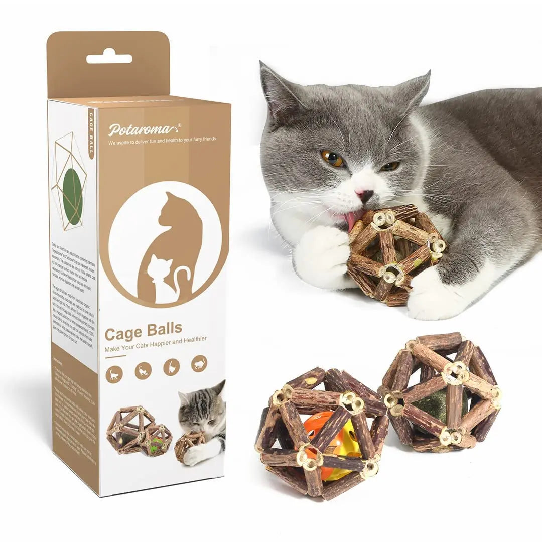 Potaroma Natural Silvervine Cat Chew Toys - 3 Pack Interactive Molar Balls with Bell for Teeth Cleaning, Suitable for All Cat Breeds