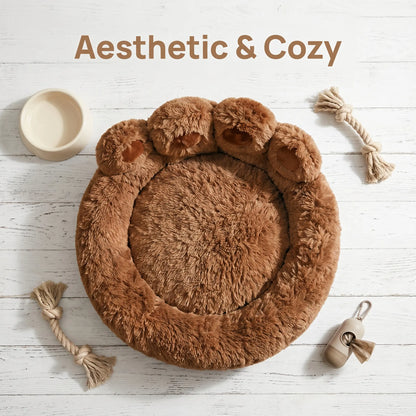 Cozy Bear Paw-Shaped Calming Dog and Cat Bed - Plush, Soft, and Washable with Non-Slip Base in Khaki, Gray, and Pink