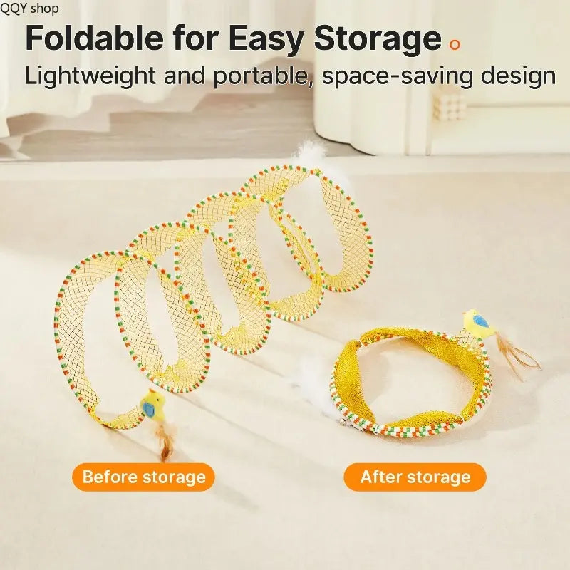 【Summervibes】Spiral Tunnel Cat Toy, Collapsible Spring Cat Tunnel with Feather & Bell, 20 Inch Foldable Indoor Kitten Self Play Toy, Interactive Stimulating Pet Accessory, Durable Fun Play Tunnel for Indoor Cats & Small Pets