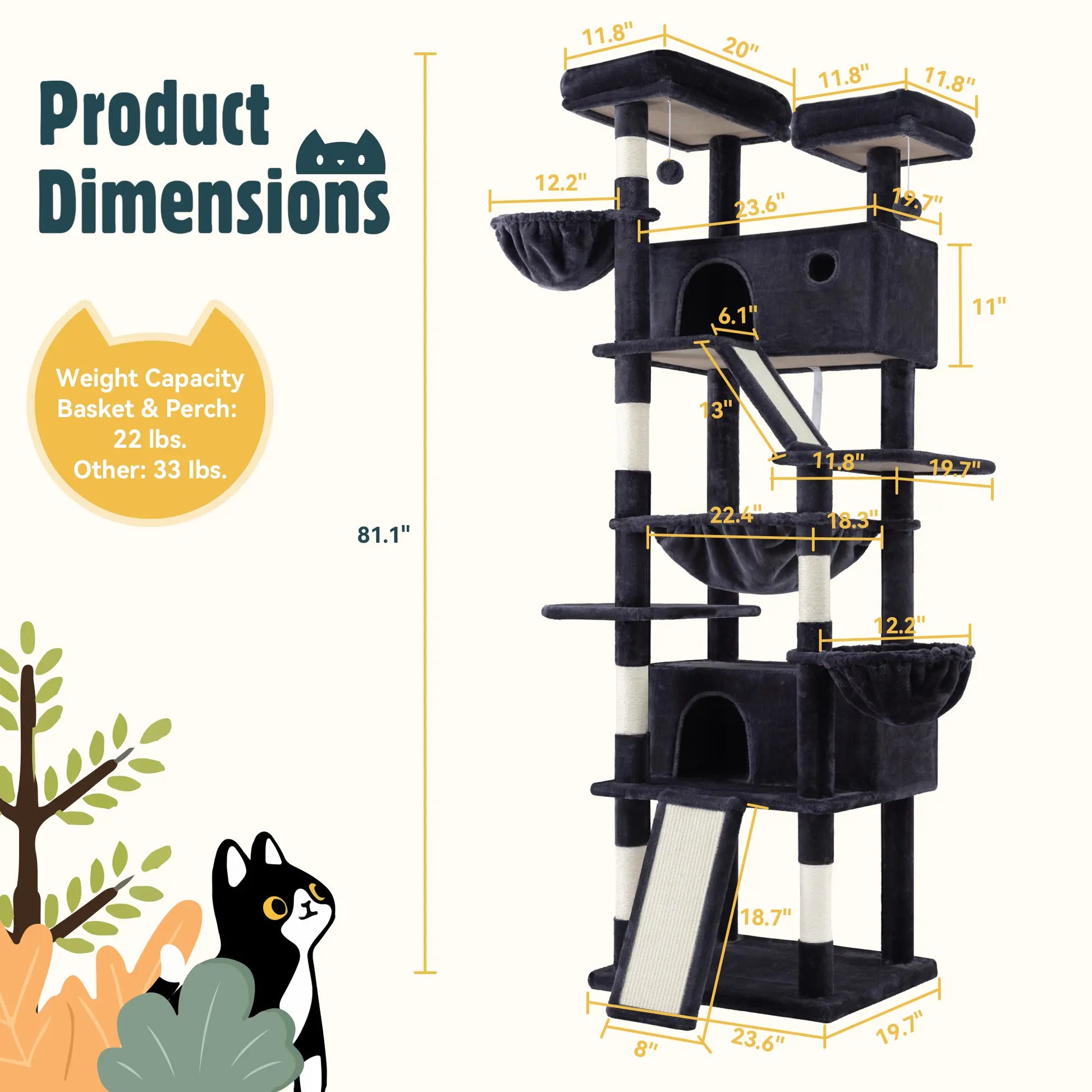 HOOMIC 81-Inch Multi-Level Cat Tree with Condo, Hammock, Scratching Post, and Sturdy Base for Larger Cats - Available in Multiple Colors and Patterns