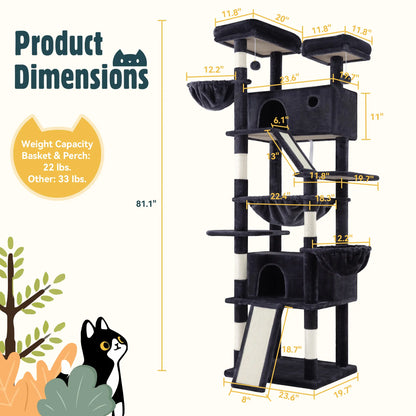 HOOMIC 81-Inch Multi-Level Cat Tree with Condo, Hammock, Scratching Post, and Sturdy Base for Larger Cats - Available in Multiple Colors and Patterns