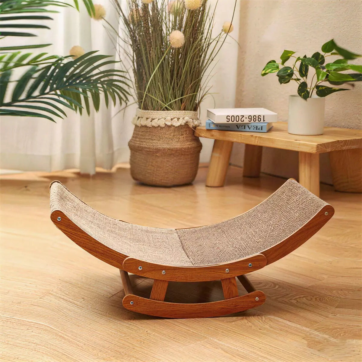 Bohemian-Inspired Rocking Cat Scratcher Bed with Natural Sisal and Sturdy Wood Frame, Anti-Anxiety Lounge for Medium to Large Cats and Kittens, Easy Assembly