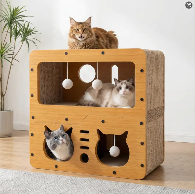 Multi-Functional Indoor/Outdoor Cat Condo with Dual Scratch Pads, Plush Balls, and Ventilated Door - Durable Plywood and Kraft Paper Shelter for Enhanced Comfort