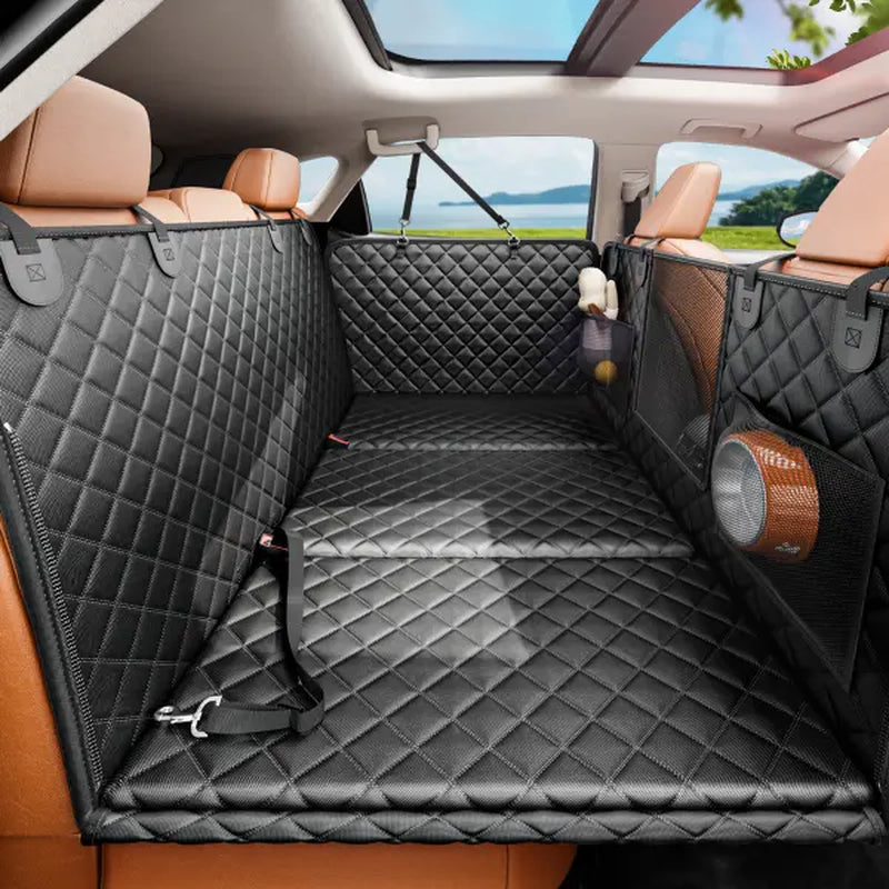 REEVAA Premium Heavy-Duty Waterproof Dog Seat Cover with Back Seat Extender, Cushioned Sponge, Mesh Window, Universal Fit for Crew Cab Trucks and SUVs, Black
