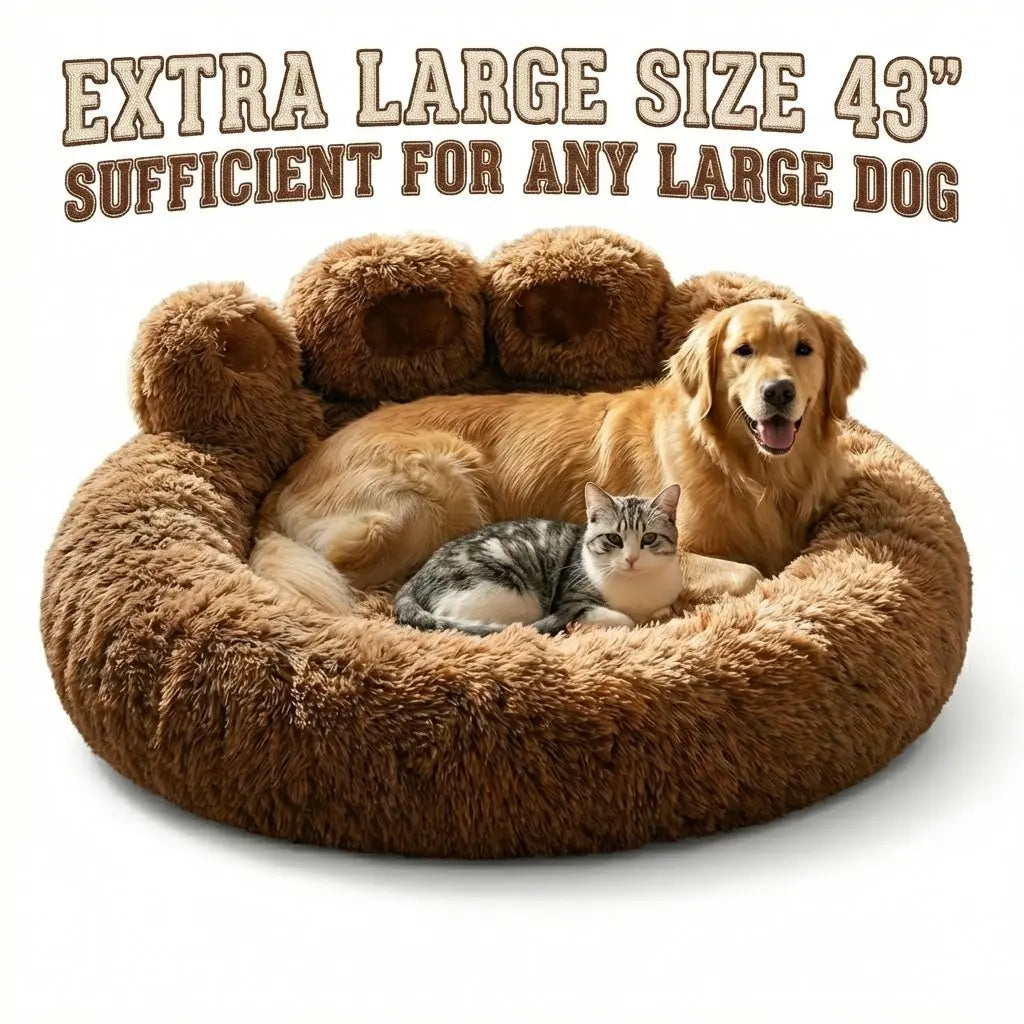 Cozy Bear Paw-Shaped Calming Dog and Cat Bed - Plush, Soft, and Washable with Non-Slip Base in Khaki, Gray, and Pink