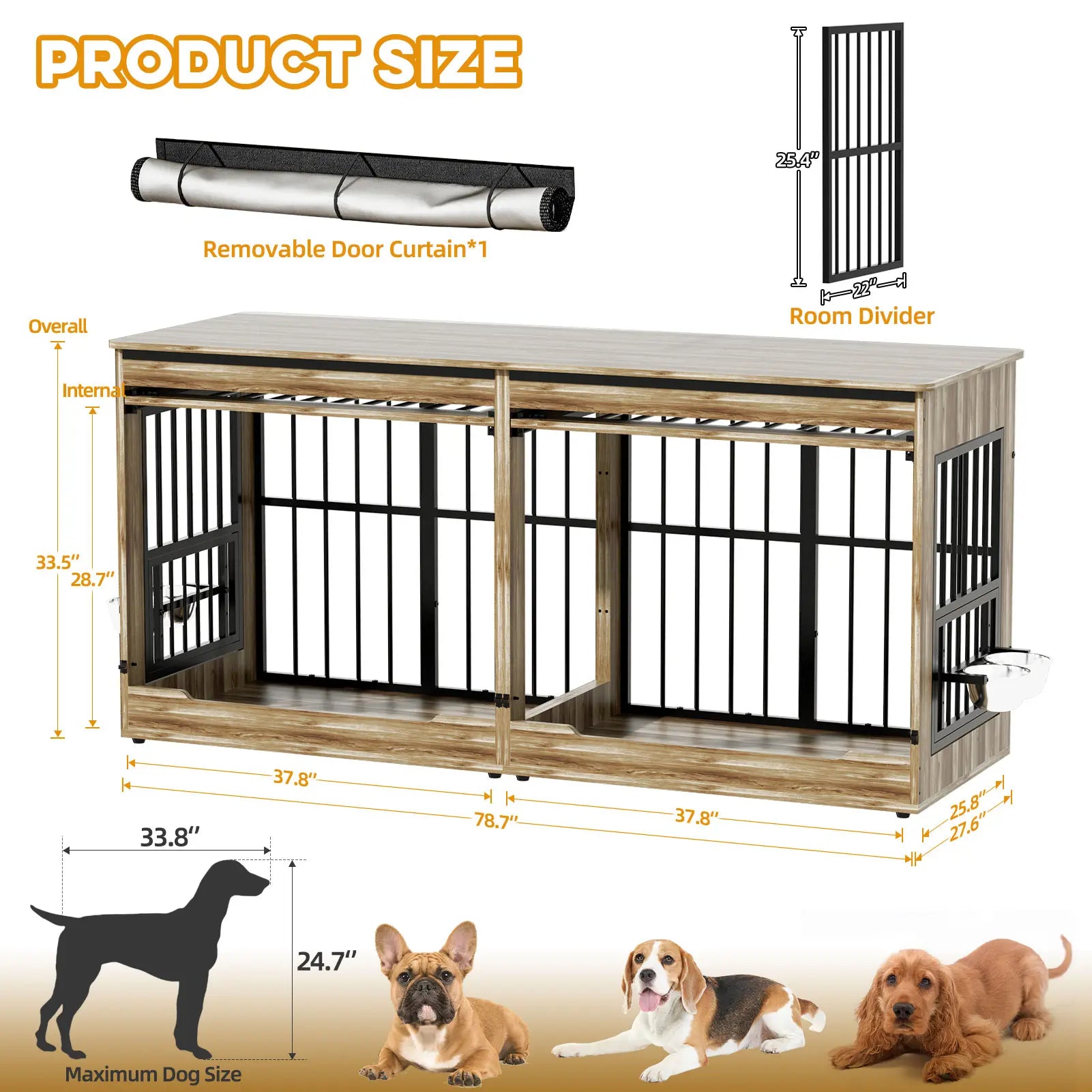 [2 Carton]78" Heavy Duty Indestructible Extra Large Dog Crate with Divider – Double Door Indoor Wooden Kennel, Removable Divider & 360° Swivel Bowls, Reinforced Steel Bars for Extra Large Dogs or Two Medium-Large Dogs Tiktokshopspringg