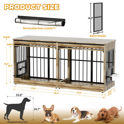 [2 Carton]78" Heavy Duty Indestructible Extra Large Dog Crate with Divider – Double Door Indoor Wooden Kennel, Removable Divider & 360° Swivel Bowls, Reinforced Steel Bars for Extra Large Dogs or Two Medium-Large Dogs Tiktokshopspringg