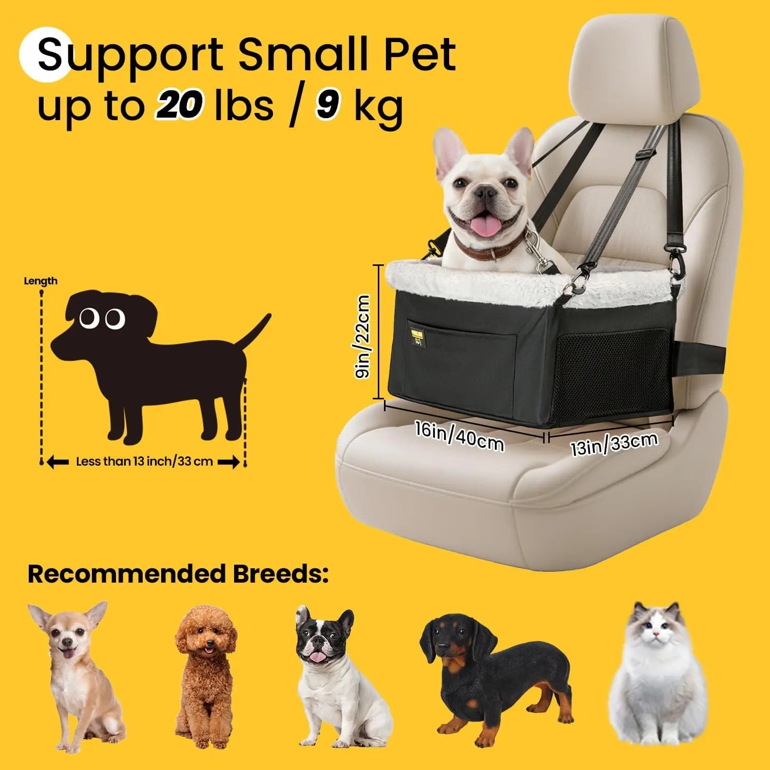 Portable Small Pet Car Booster Seat with Steel Frame, Comfortable Cushion, and Storage Compartment