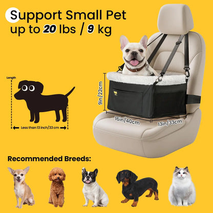 Portable Small Pet Car Booster Seat with Steel Frame, Comfortable Cushion, and Storage Compartment