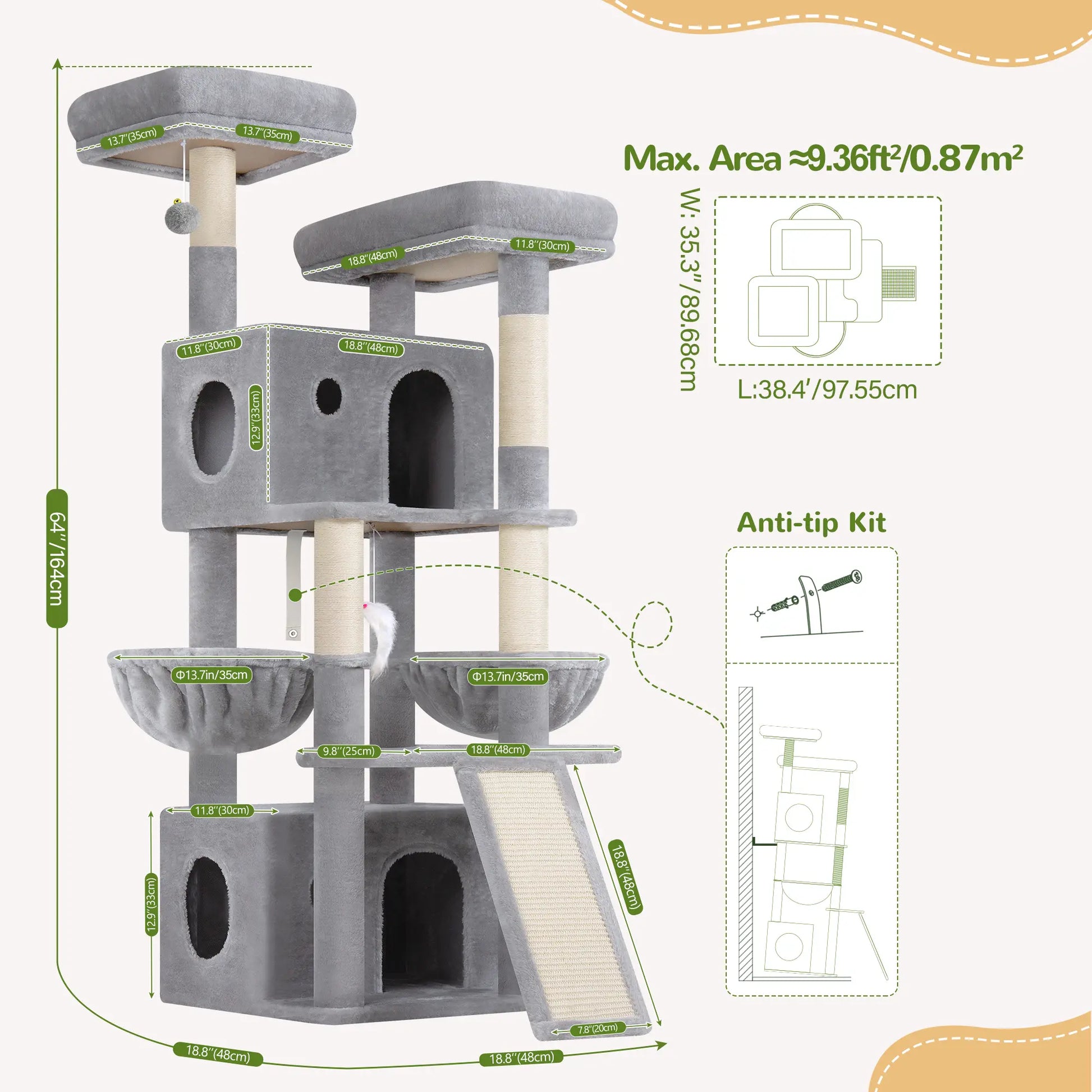 Globlazer F64B 64-Inch Premium Multi-Level Cat Tower - Sturdy Design for Multiple Cats
