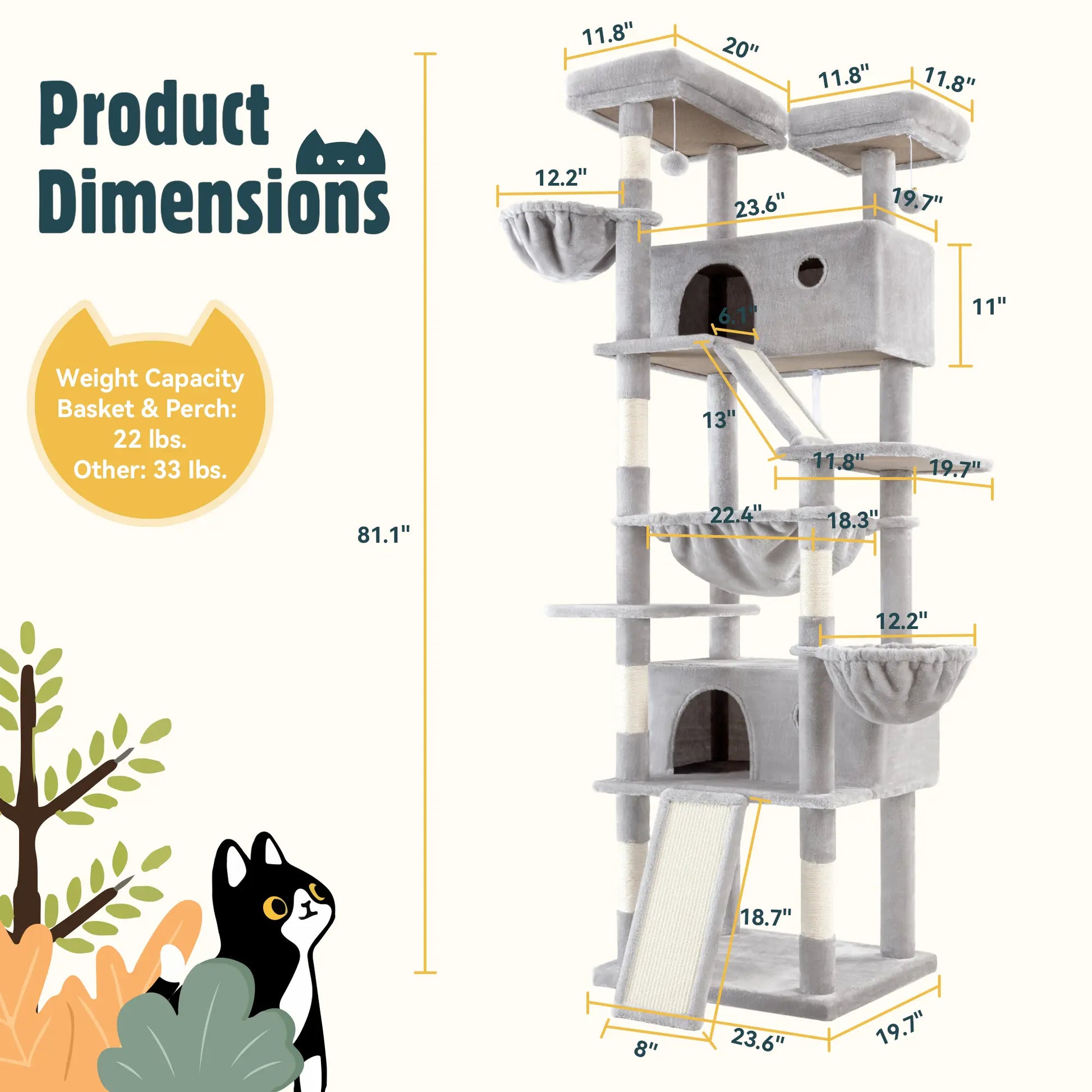 HOOMIC 81-Inch Multi-Level Cat Tree with Condo, Hammock, Scratching Post, and Sturdy Base for Larger Cats - Available in Multiple Colors and Patterns