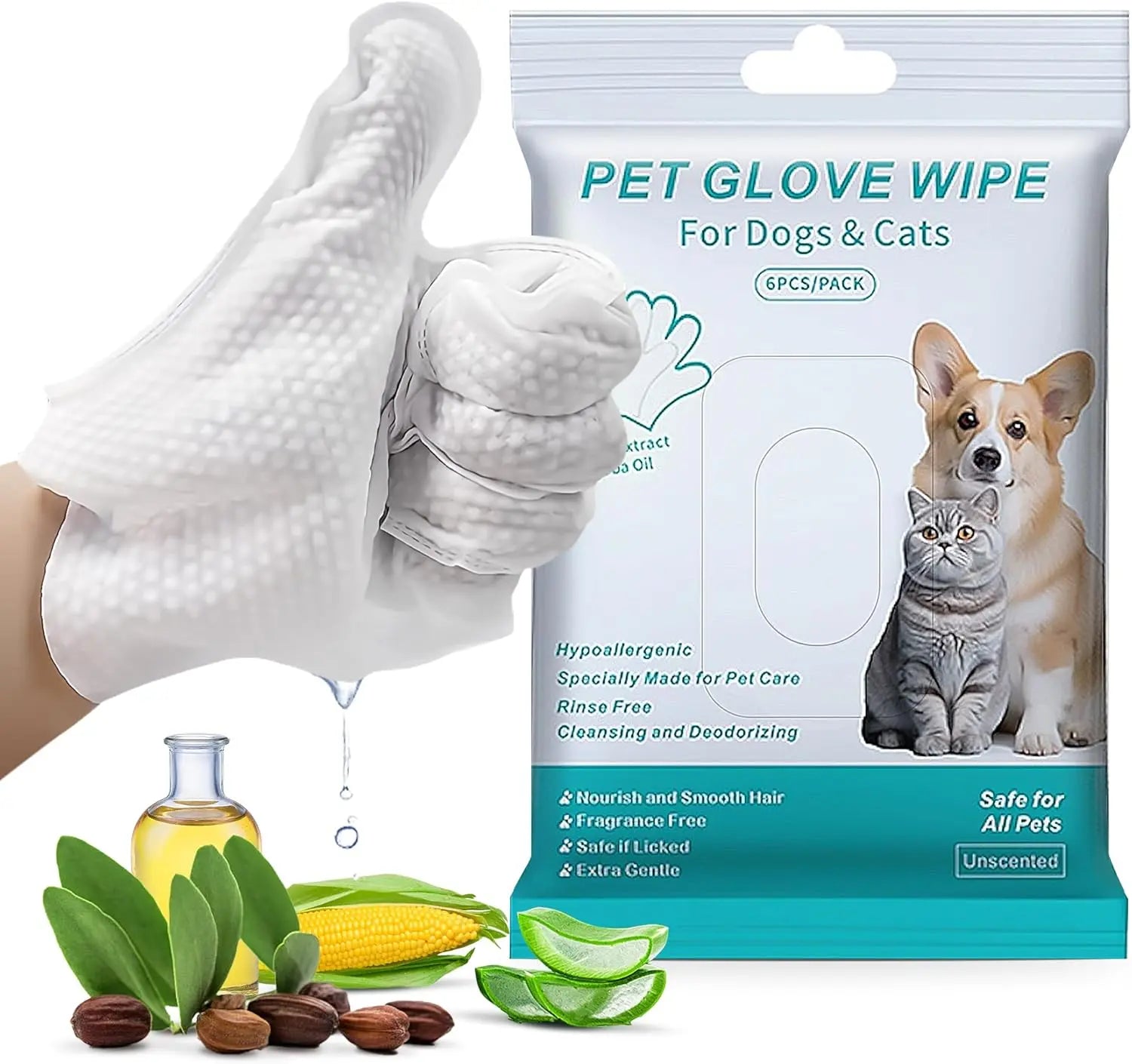 Pet Grooming Gloves and Bathing Wipes for Dogs and Cats - Hypoallergenic, Moisturizing, No-Rinse Cleaning and Deodorizing Solution (6-Piece Set)