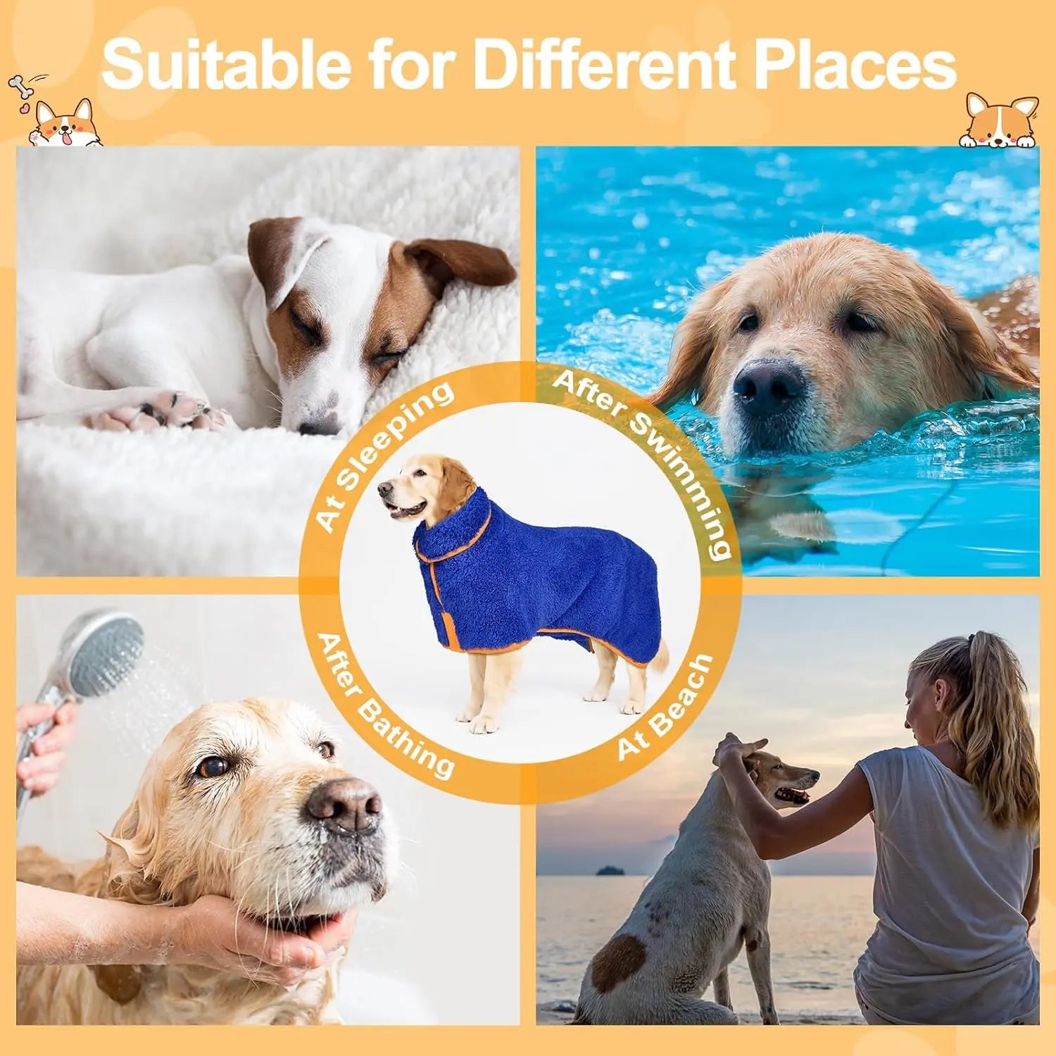 Bienbee Quick-Drying Super Absorbent Dog Bathrobe with Adjustable Velcro Strap - Warm Pet Dressing Gown