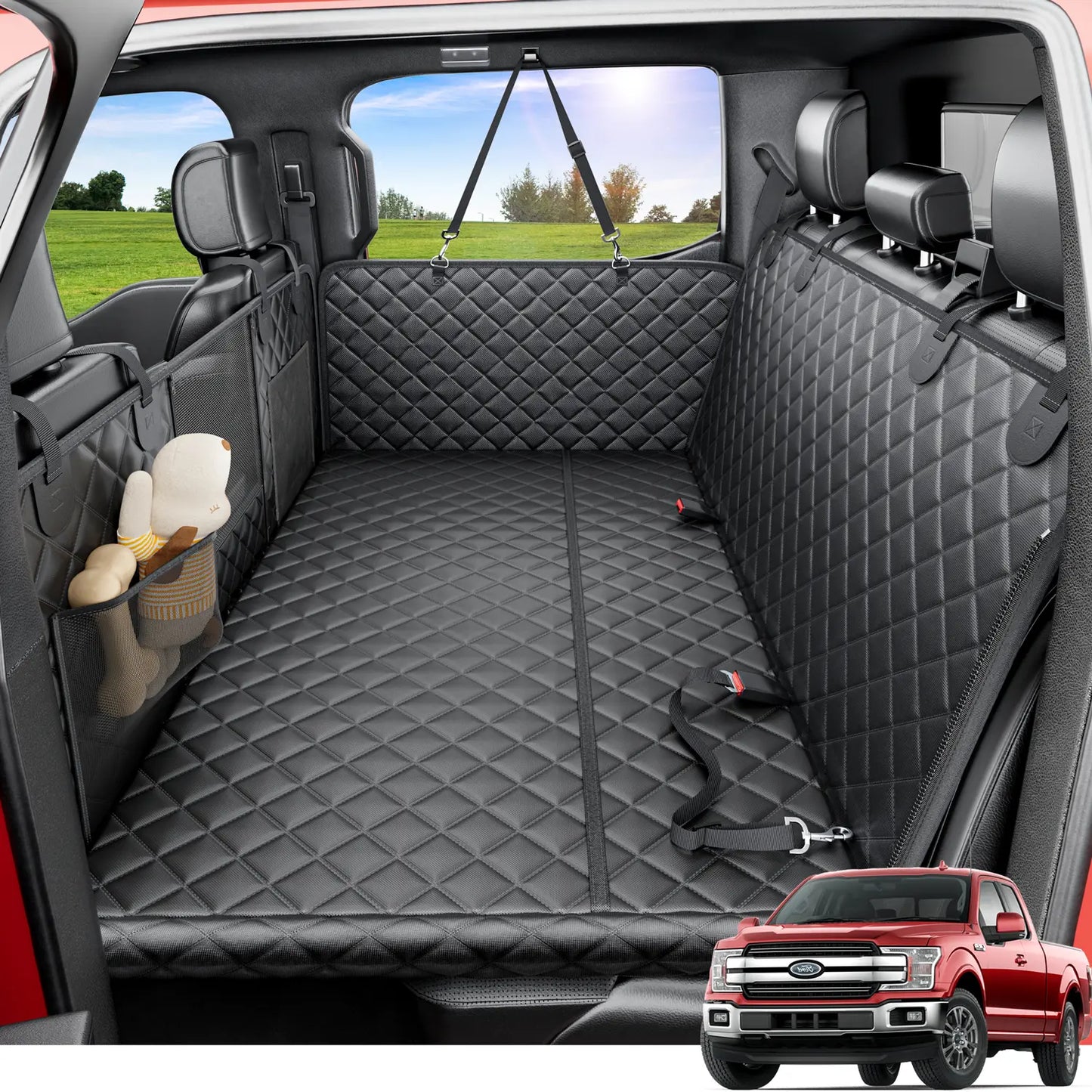 REEVAA Premium Heavy-Duty Waterproof Dog Seat Cover with Back Seat Extender, Cushioned Sponge, Mesh Window, Universal Fit for Crew Cab Trucks and SUVs, Black