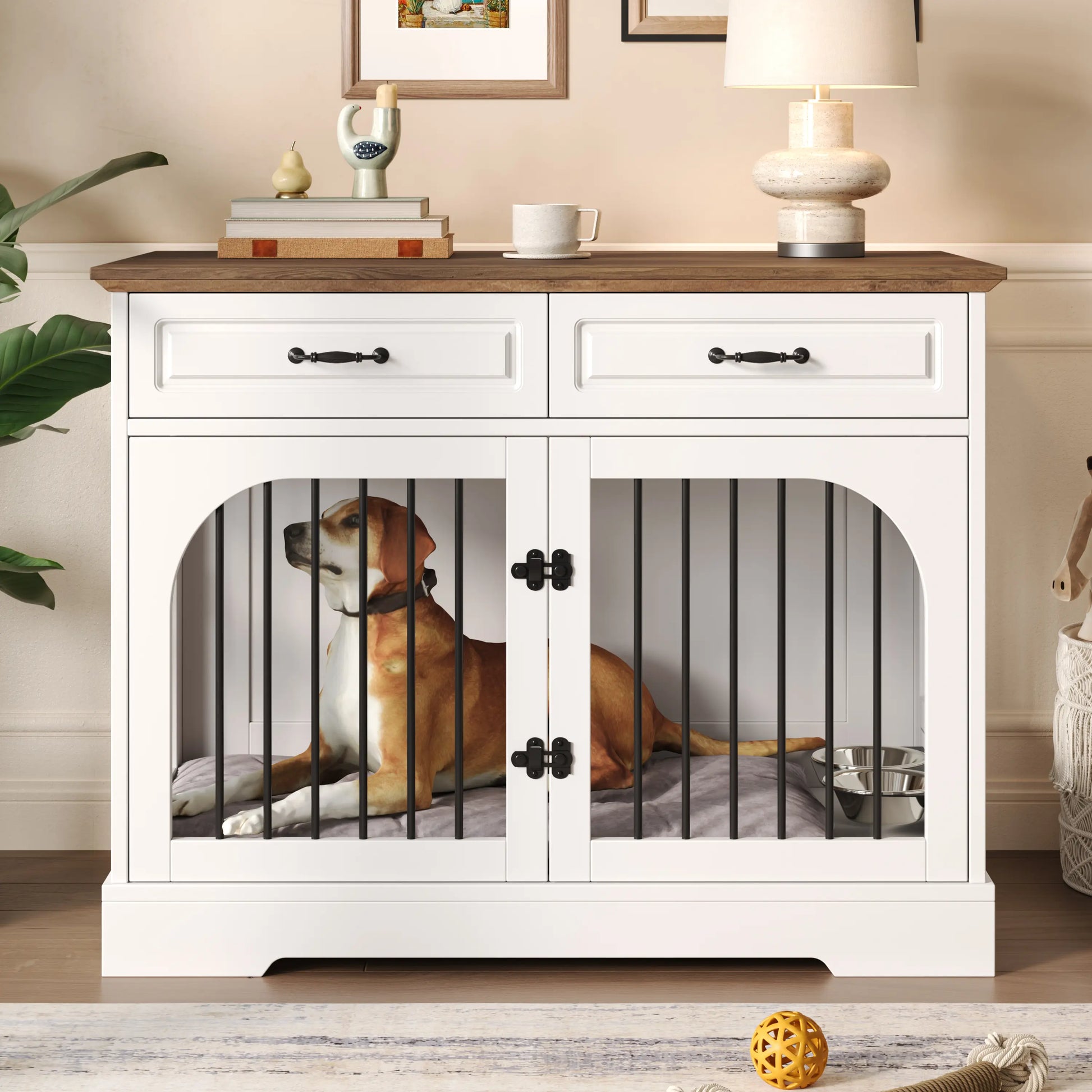 Stylish 43.3" Farmhouse Dog Crate - Elegant Indoor Kennel with 2 Drawers & Rotating Food Bowls for Medium to Large Dogs