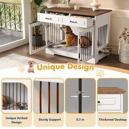 Stylish 43.3" Farmhouse Dog Crate - Elegant Indoor Kennel with 2 Drawers & Rotating Food Bowls for Medium to Large Dogs