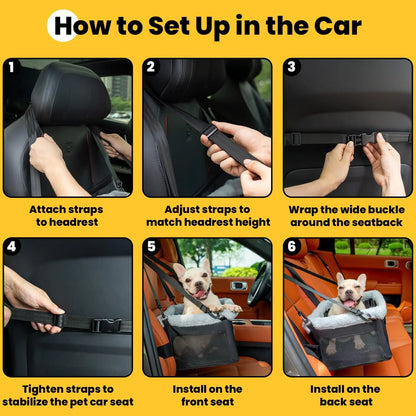Portable Small Pet Car Booster Seat with Steel Frame, Comfortable Cushion, and Storage Compartment
