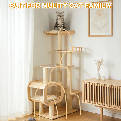 Contemporary Heavy-Duty No-Drill 4-Tier Cat Tree – Sturdy Wooden Platforms, Multi-Column Structure, 55.9-Inch Cat Tower with Open Condo, Dual Space Capsules & Perch, Spacious Indoor Cat Furniture for Multi-Cat Households