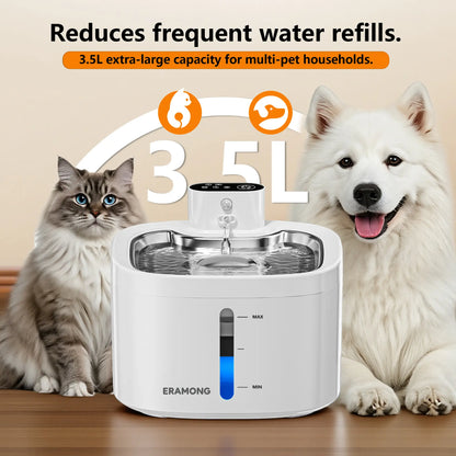 ERAMONG Smart Indoor Wireless Pet Water Fountain – 3.5L Battery-Operated with Stainless Steel Tray, Motion Sensor, and 4-Layer Filtration System for Cats and Dogs