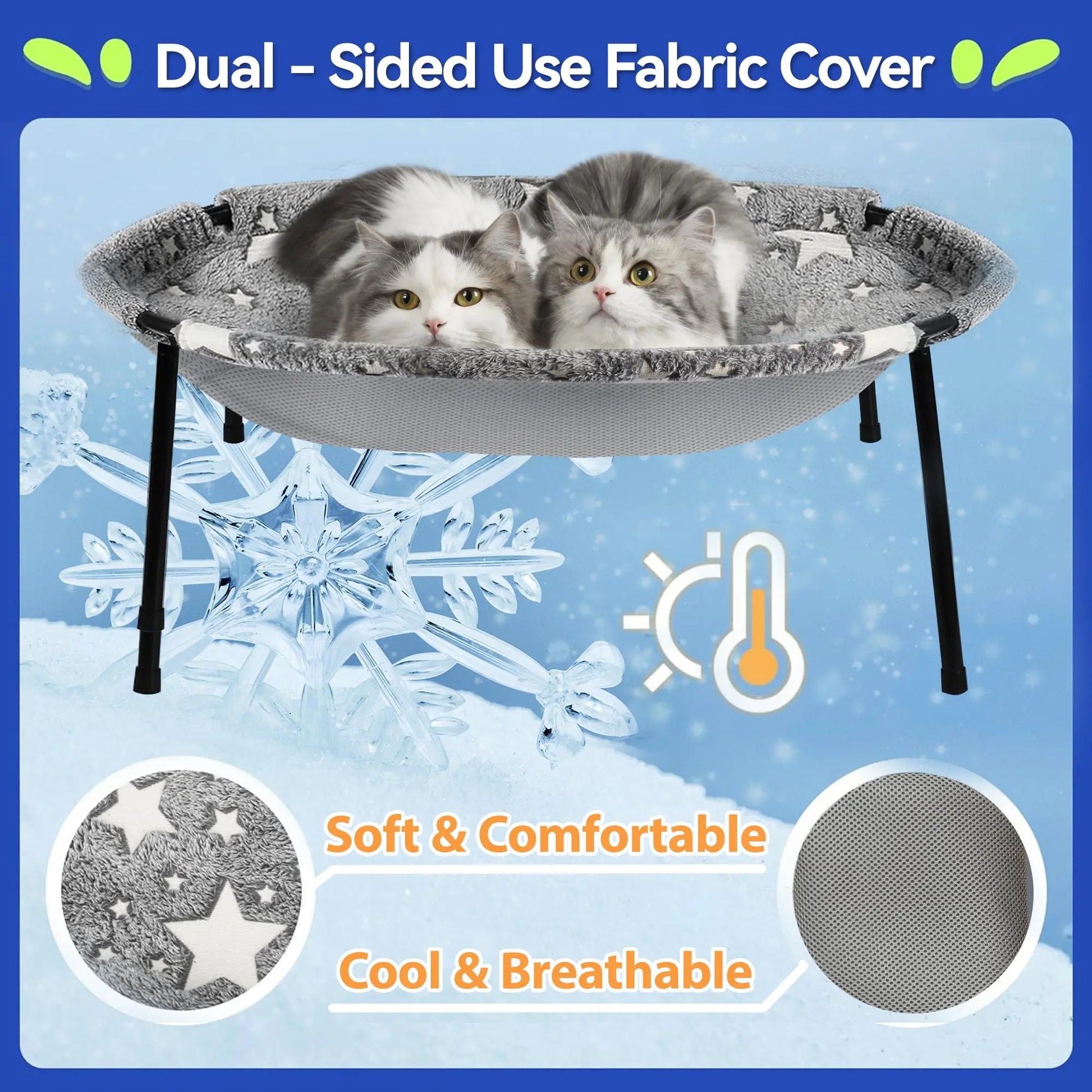 Elevated Cat Hammock Bed with Metal Frame and Removable Dual-Sided Cover, Breathable Raised Lounger for Indoor Cats and Small Dogs, Easy Tool-Free Assembly