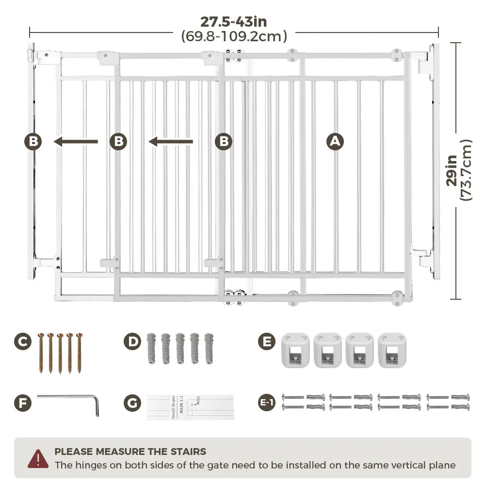 PAWGIANT 29" Extra Tall Wall-Mounted Cat Gate with Adjustable Cat Door and Self-Closing Walk-Through, Suitable for Openings 27.5-43", Perfect for Homes with Infants, Toddlers, and Pets