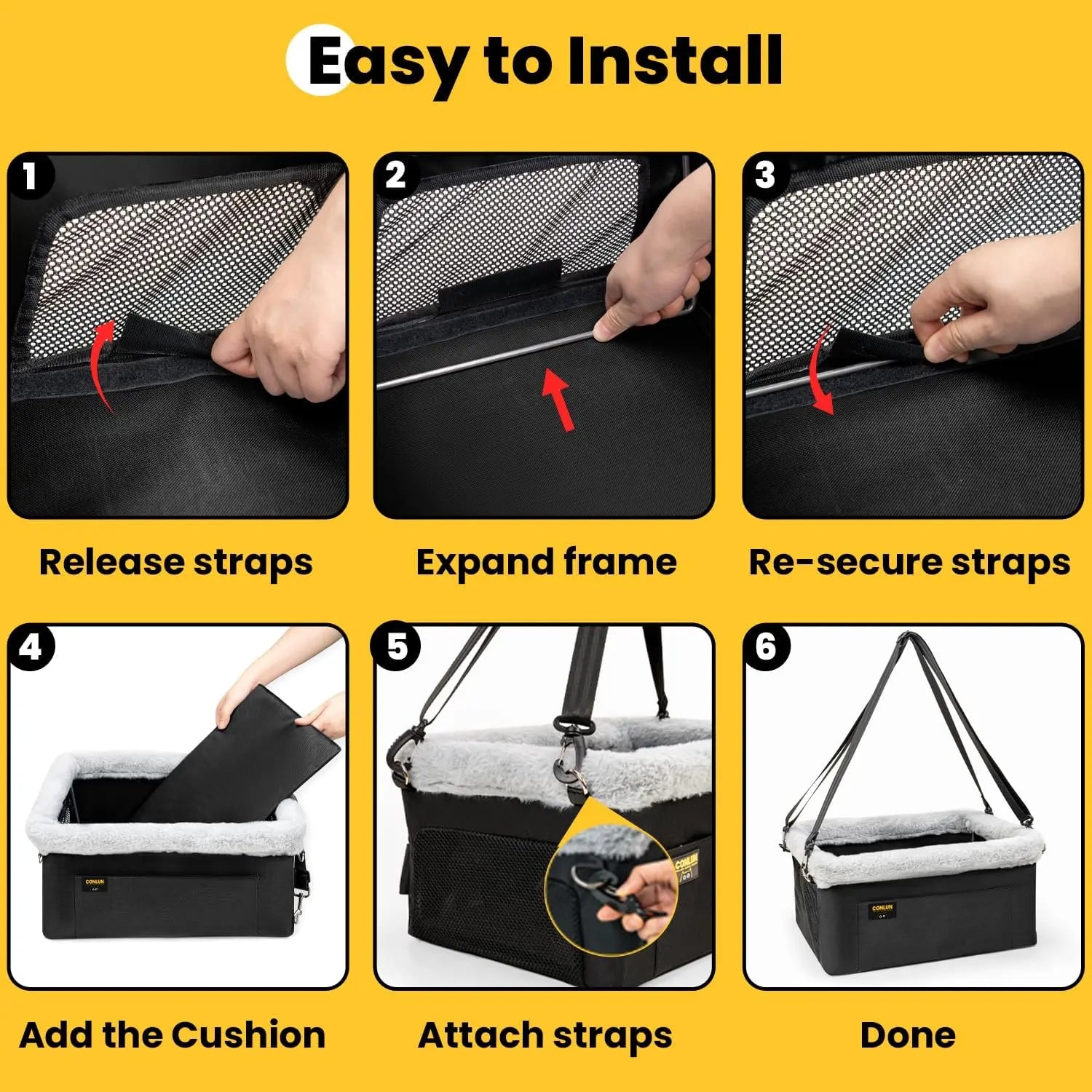 Portable Small Pet Car Booster Seat with Steel Frame, Comfortable Cushion, and Storage Compartment