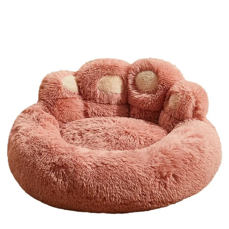 Cozy Bear Paw-Shaped Calming Dog and Cat Bed - Plush, Soft, and Washable with Non-Slip Base in Khaki, Gray, and Pink
