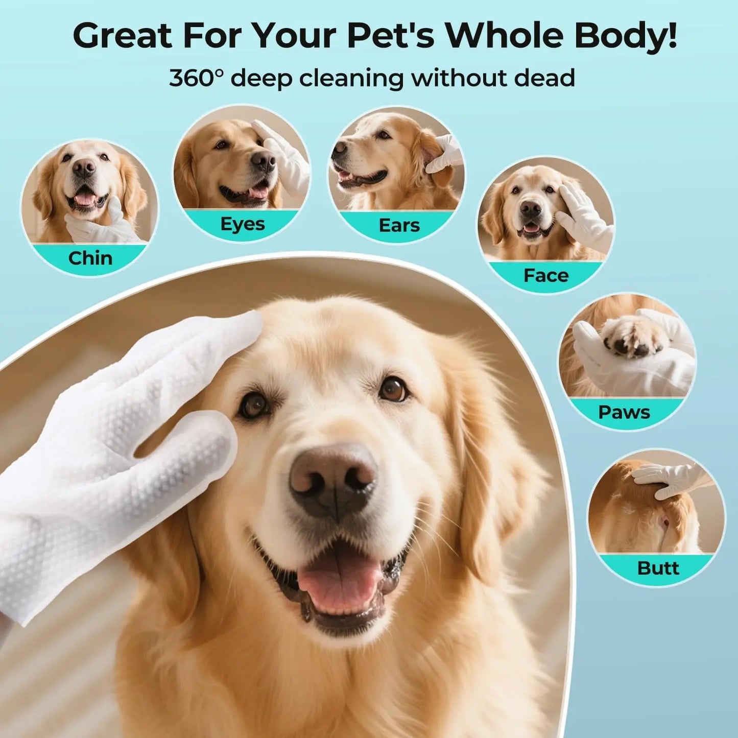 Pet Grooming Gloves and Bathing Wipes for Dogs and Cats - Hypoallergenic, Moisturizing, No-Rinse Cleaning and Deodorizing Solution (6-Piece Set)