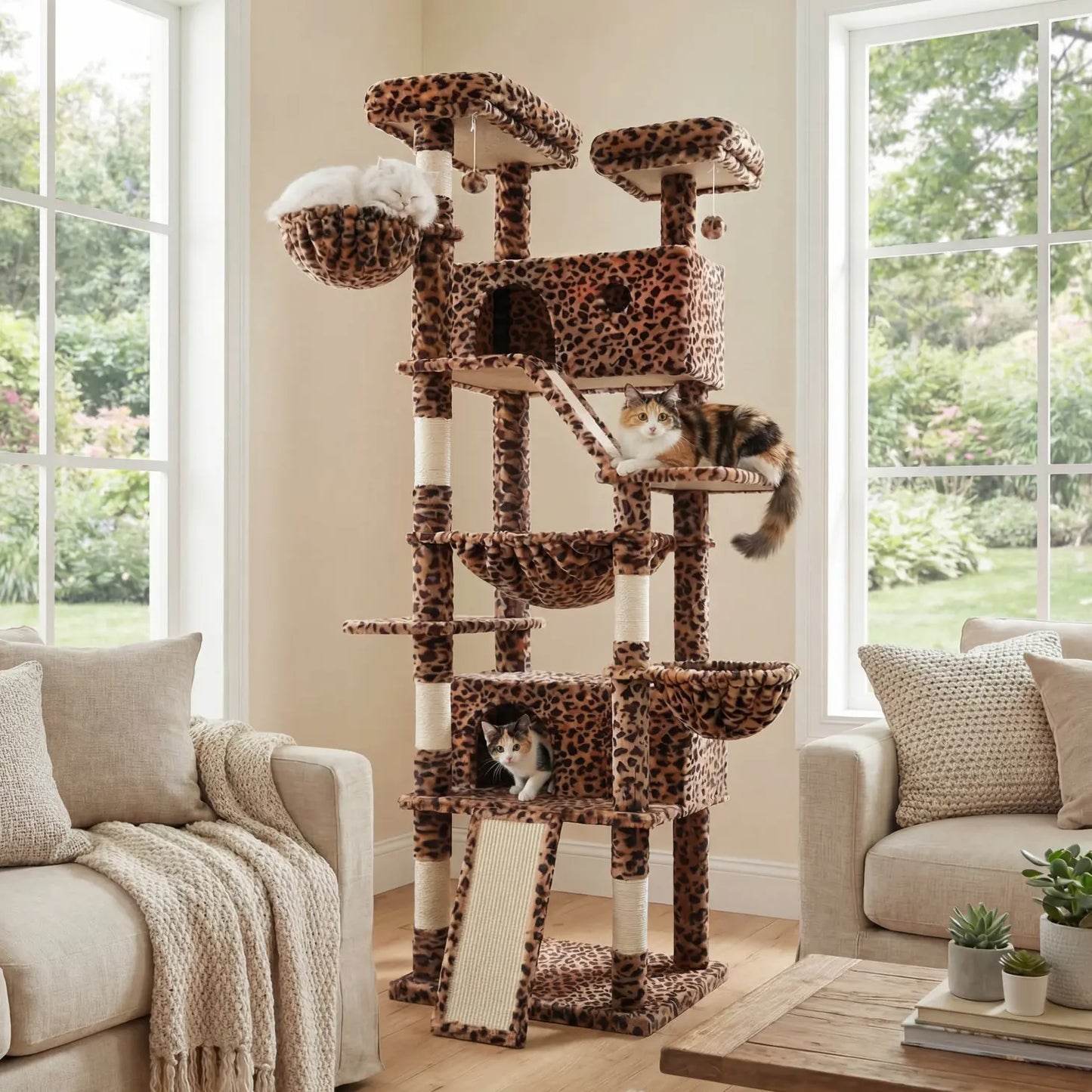 HOOMIC 81-Inch Multi-Level Cat Tree with Condo, Hammock, Scratching Post, and Sturdy Base for Larger Cats - Available in Multiple Colors and Patterns