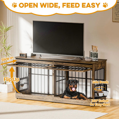 [2 Carton]78" Heavy Duty Indestructible Extra Large Dog Crate with Divider – Double Door Indoor Wooden Kennel, Removable Divider & 360° Swivel Bowls, Reinforced Steel Bars for Extra Large Dogs or Two Medium-Large Dogs Tiktokshopspringg