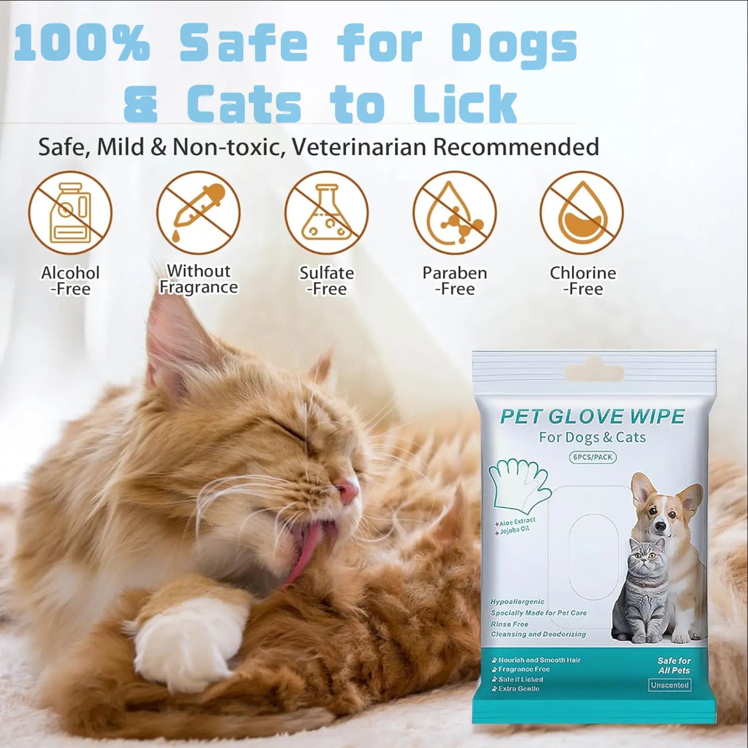 Pet Grooming Gloves and Bathing Wipes for Dogs and Cats - Hypoallergenic, Moisturizing, No-Rinse Cleaning and Deodorizing Solution (6-Piece Set)