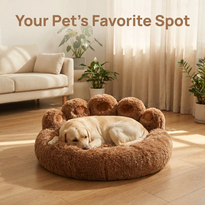 Cozy Bear Paw-Shaped Calming Dog and Cat Bed - Plush, Soft, and Washable with Non-Slip Base in Khaki, Gray, and Pink