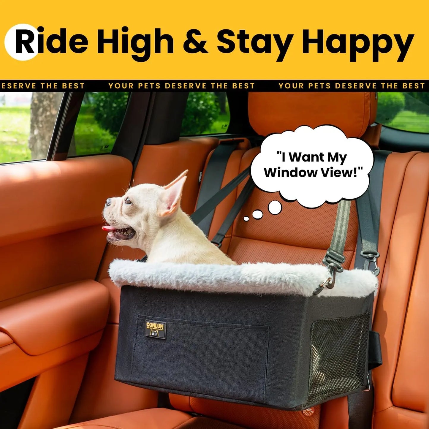 Portable Small Pet Car Booster Seat with Steel Frame, Comfortable Cushion, and Storage Compartment