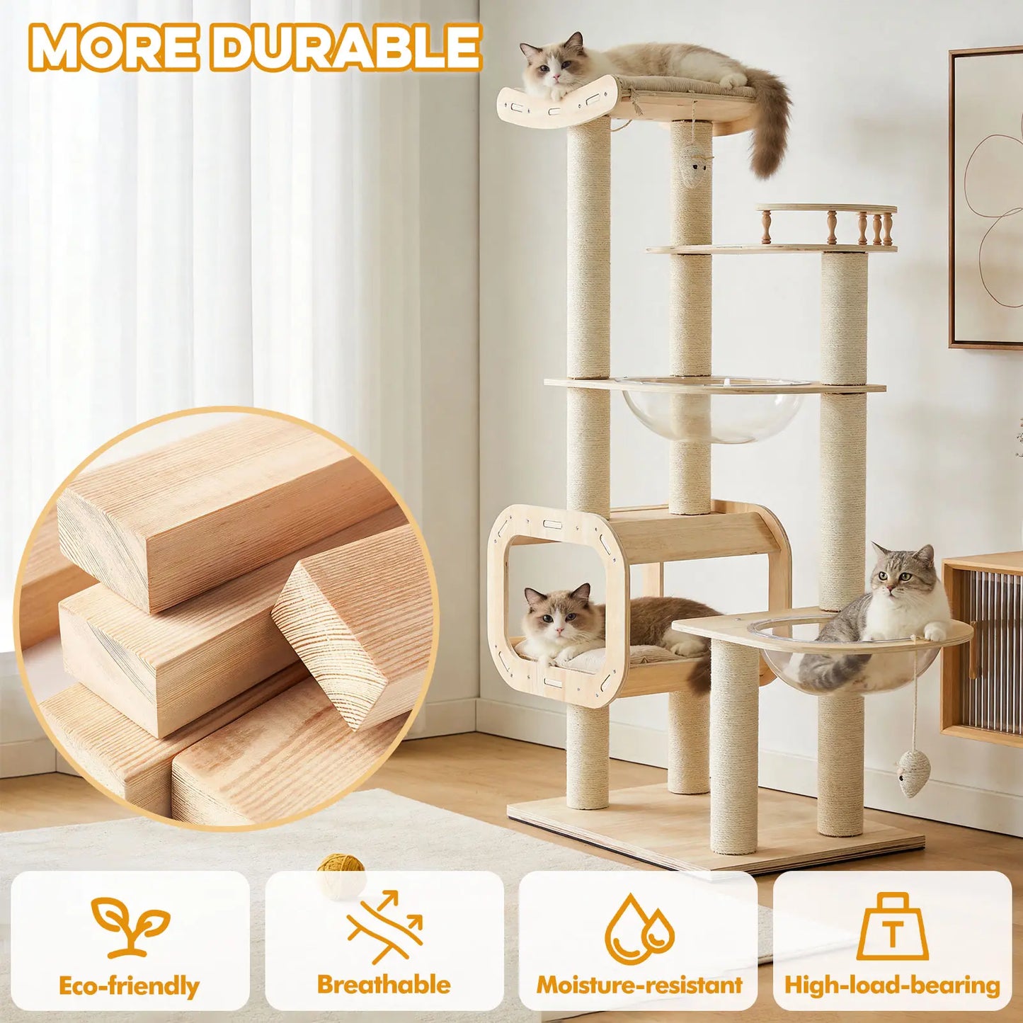 Contemporary Heavy-Duty No-Drill 4-Tier Cat Tree – Sturdy Wooden Platforms, Multi-Column Structure, 55.9-Inch Cat Tower with Open Condo, Dual Space Capsules & Perch, Spacious Indoor Cat Furniture for Multi-Cat Households
