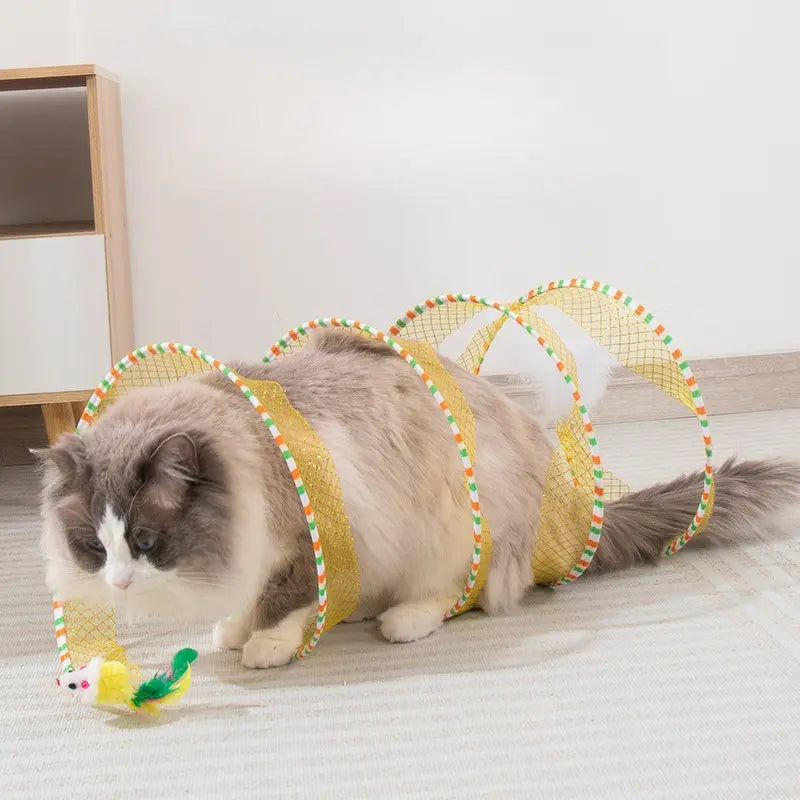 【Summervibes】Spiral Tunnel Cat Toy, Collapsible Spring Cat Tunnel with Feather & Bell, 20 Inch Foldable Indoor Kitten Self Play Toy, Interactive Stimulating Pet Accessory, Durable Fun Play Tunnel for Indoor Cats & Small Pets