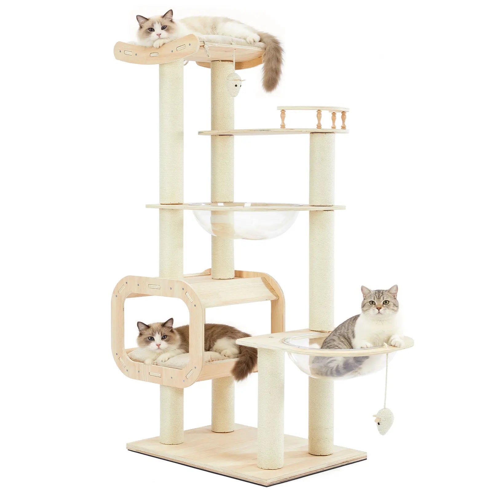 Contemporary Heavy-Duty No-Drill 4-Tier Cat Tree – Sturdy Wooden Platforms, Multi-Column Structure, 55.9-Inch Cat Tower with Open Condo, Dual Space Capsules & Perch, Spacious Indoor Cat Furniture for Multi-Cat Households