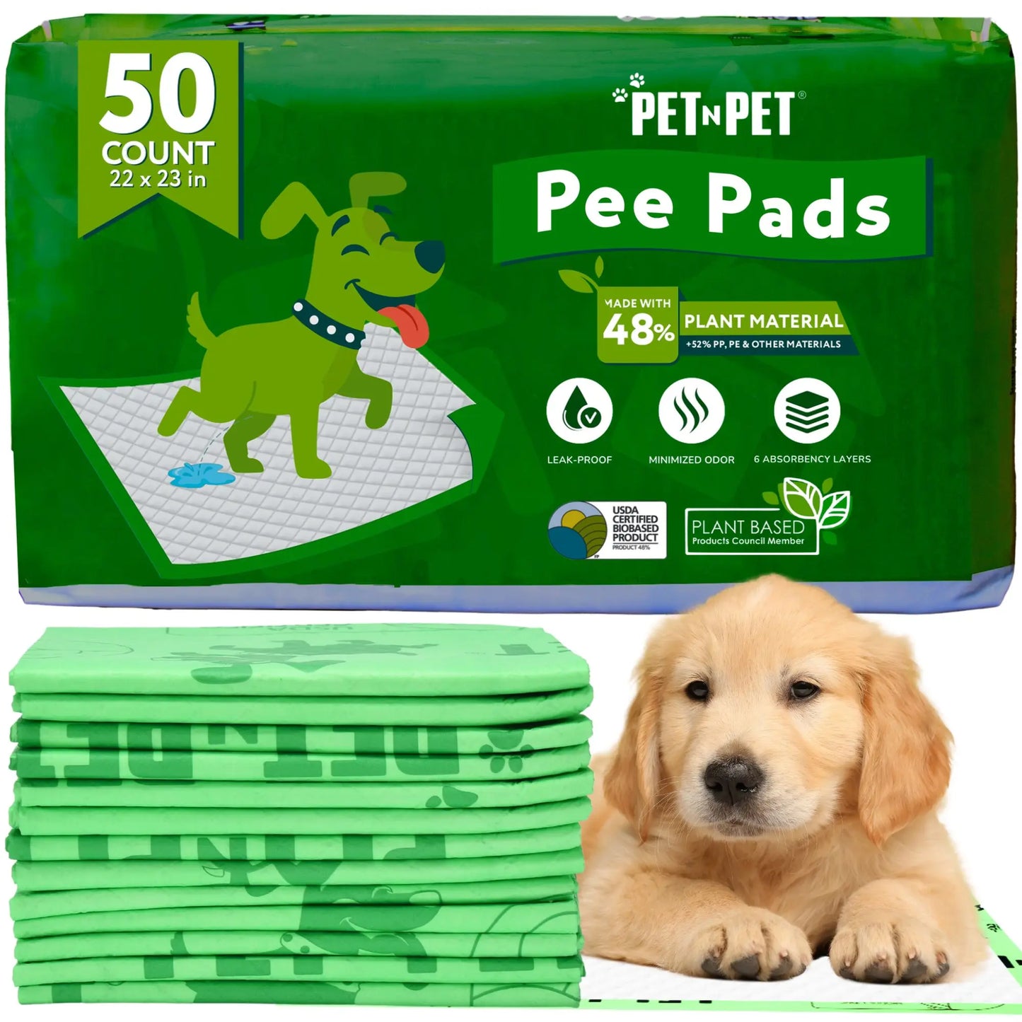 Pet N Pet 50-Count Puppy Training Pads – 48% USDA Certified Plant-Based, Unscented, Highly Absorbent, and Leak-Proof