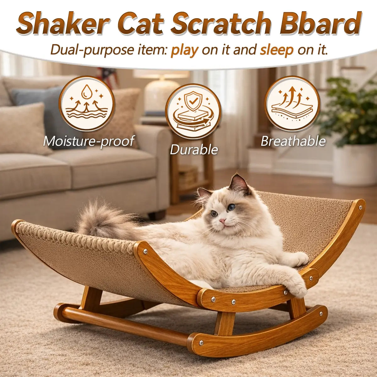 Bohemian-Inspired Rocking Cat Scratcher Bed with Natural Sisal and Sturdy Wood Frame, Anti-Anxiety Lounge for Medium to Large Cats and Kittens, Easy Assembly