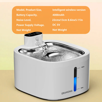 ERAMONG Smart Indoor Wireless Pet Water Fountain – 3.5L Battery-Operated with Stainless Steel Tray, Motion Sensor, and 4-Layer Filtration System for Cats and Dogs