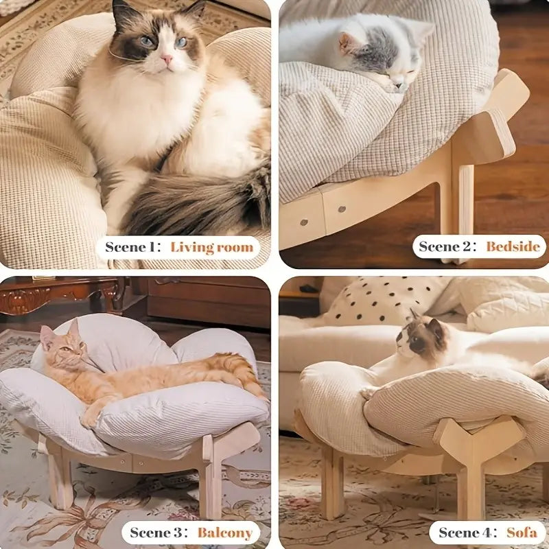 Luxurious Elevated Flower Cat Bed - Stylish Wooden Lounge with Cozy Cushion for Indoor Cats and Dogs - Perfect Raised Pet Sofa for Ultimate Relaxation