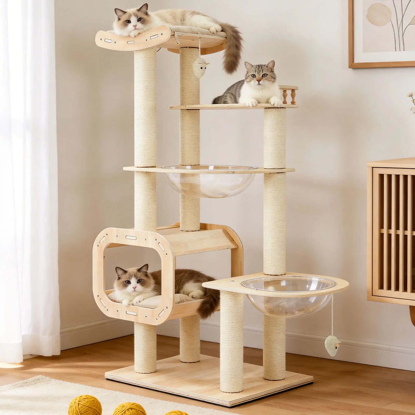 Contemporary Heavy-Duty No-Drill 4-Tier Cat Tree – Sturdy Wooden Platforms, Multi-Column Structure, 55.9-Inch Cat Tower with Open Condo, Dual Space Capsules & Perch, Spacious Indoor Cat Furniture for Multi-Cat Households