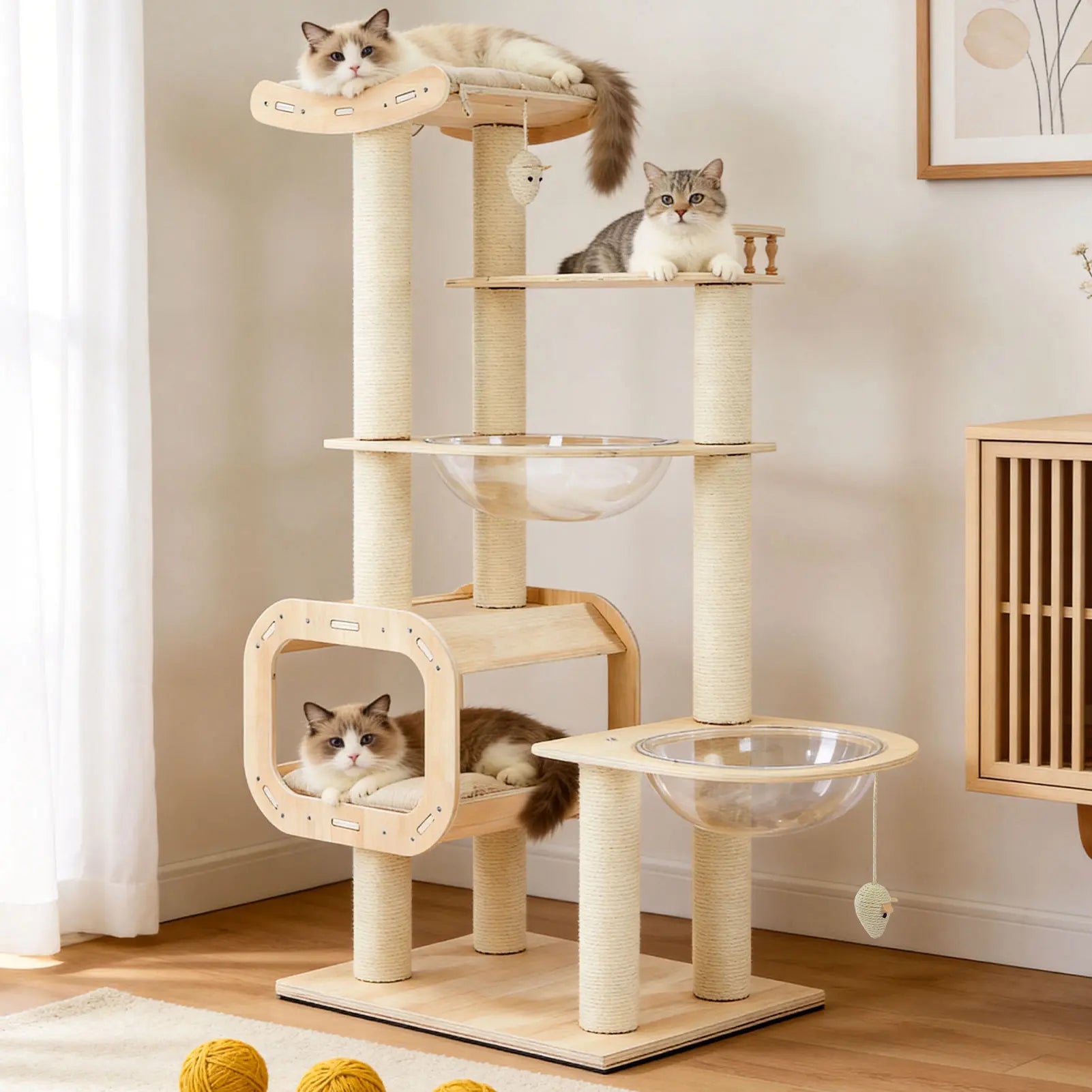 Contemporary Heavy-Duty No-Drill 4-Tier Cat Tree – Sturdy Wooden Platforms, Multi-Column Structure, 55.9-Inch Cat Tower with Open Condo, Dual Space Capsules & Perch, Spacious Indoor Cat Furniture for Multi-Cat Households