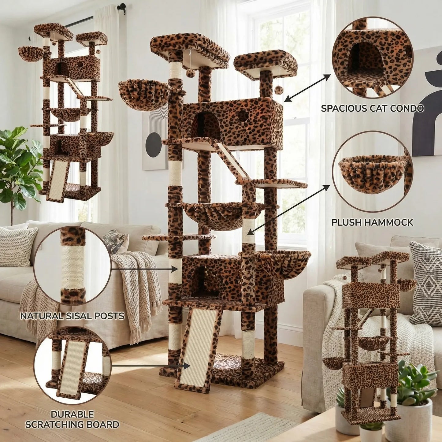 HOOMIC 81-Inch Multi-Level Cat Tree with Condo, Hammock, Scratching Post, and Sturdy Base for Larger Cats - Available in Multiple Colors and Patterns
