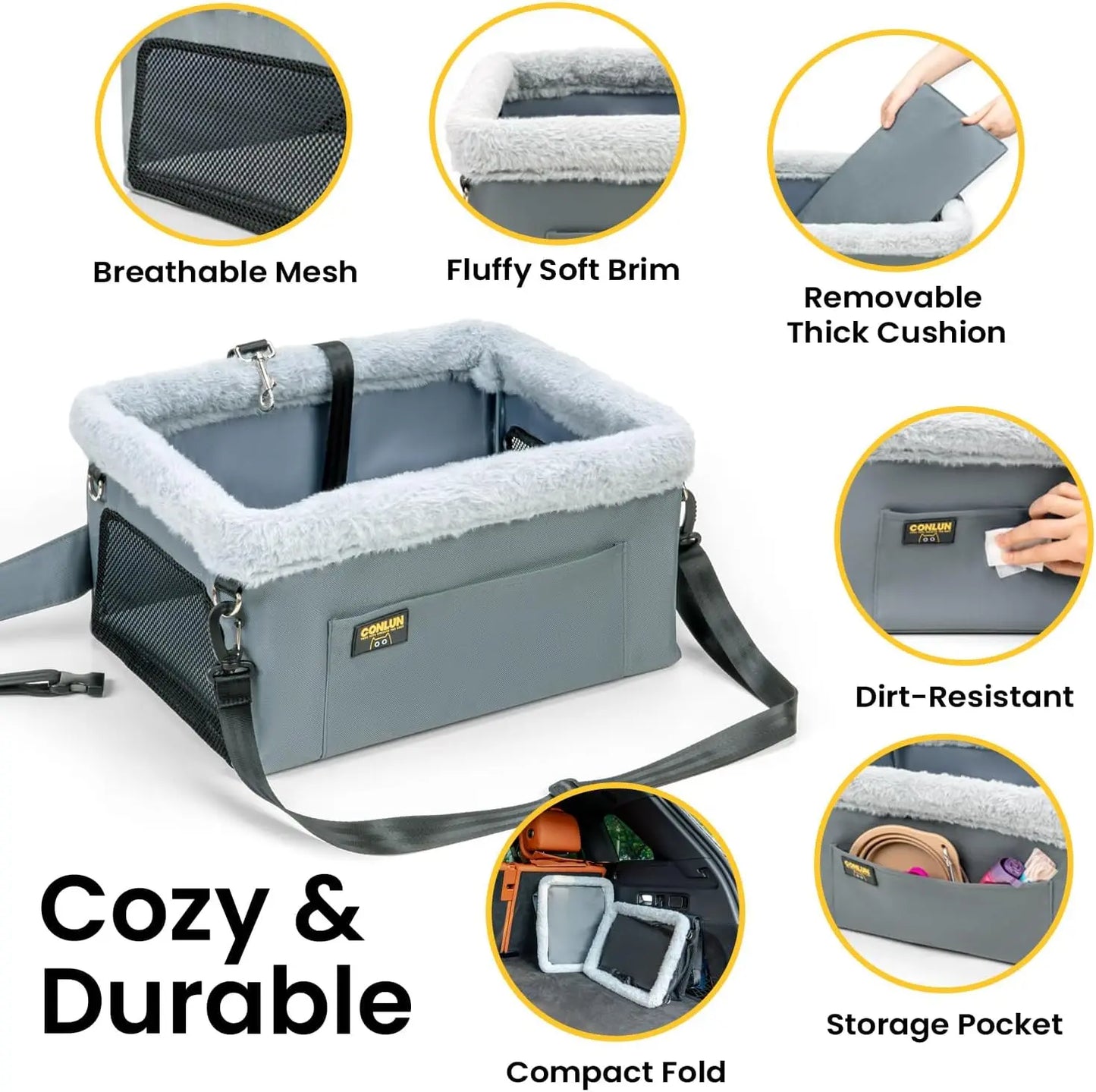 Portable Small Pet Car Booster Seat with Steel Frame, Comfortable Cushion, and Storage Compartment
