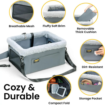 Portable Small Pet Car Booster Seat with Steel Frame, Comfortable Cushion, and Storage Compartment