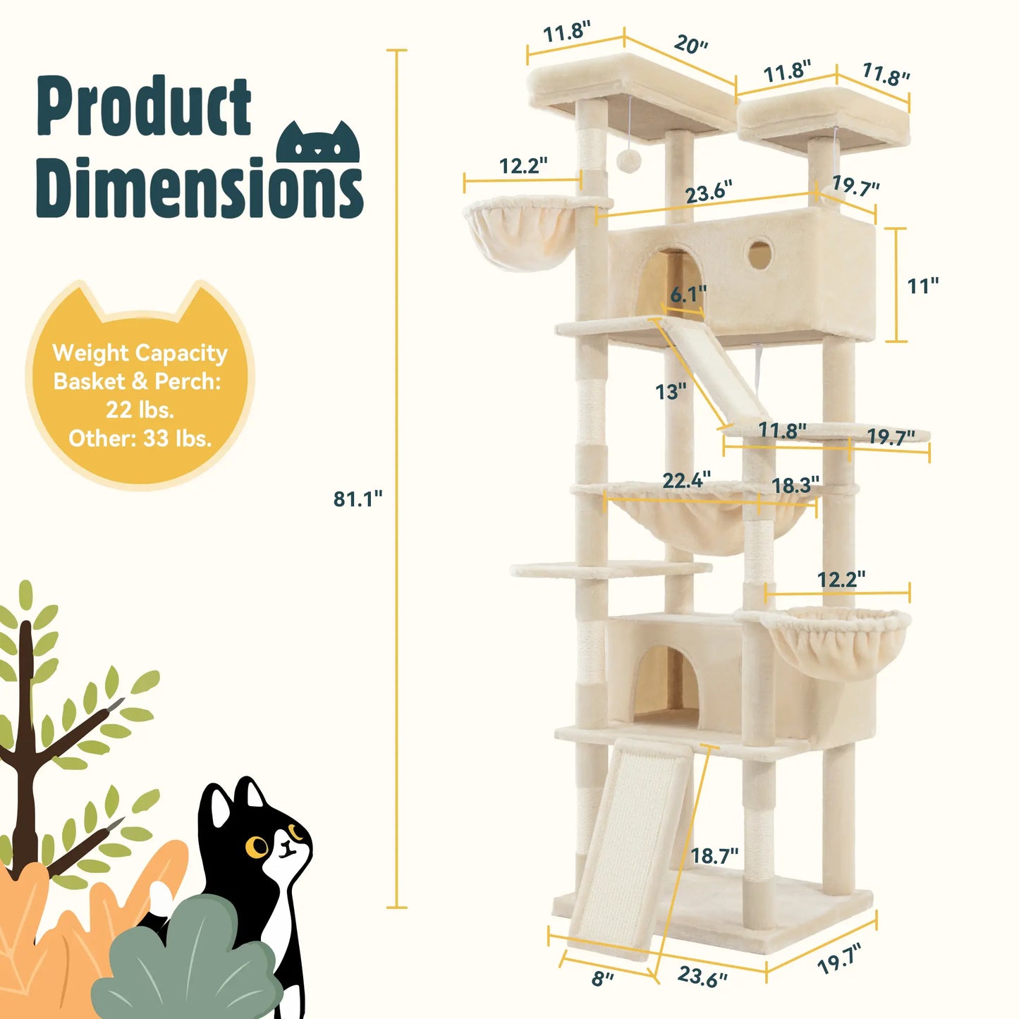 HOOMIC 81-Inch Multi-Level Cat Tree with Condo, Hammock, Scratching Post, and Sturdy Base for Larger Cats - Available in Multiple Colors and Patterns