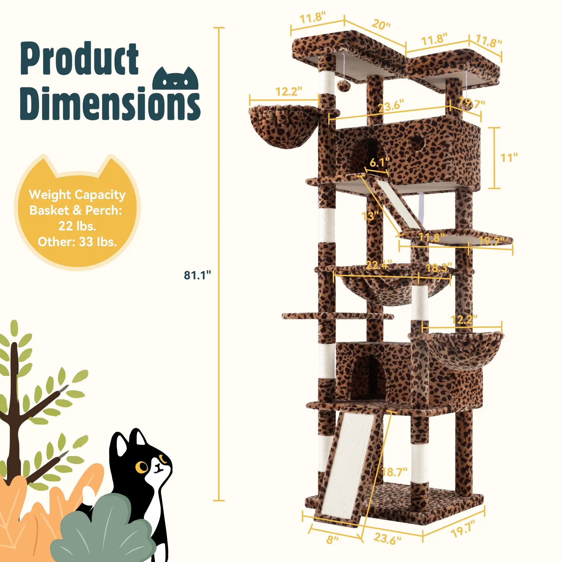 HOOMIC 81-Inch Multi-Level Cat Tree with Condo, Hammock, Scratching Post, and Sturdy Base for Larger Cats - Available in Multiple Colors and Patterns