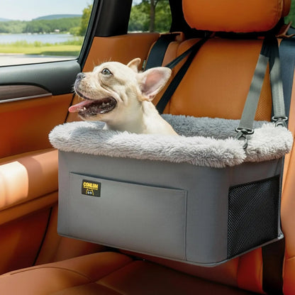 Portable Small Pet Car Booster Seat with Steel Frame, Comfortable Cushion, and Storage Compartment
