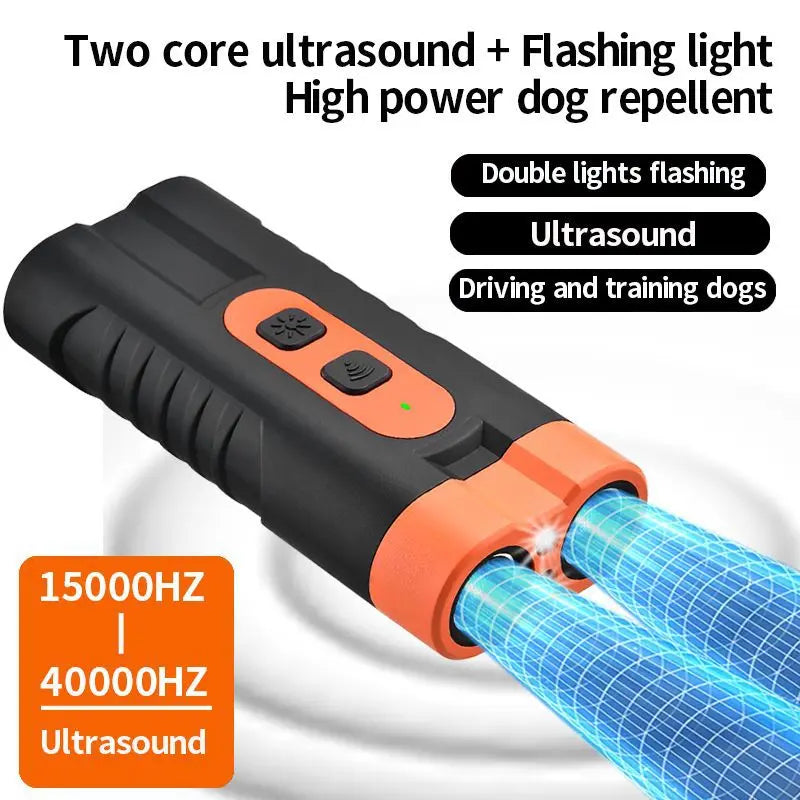 Upgraded Dual-Headed Ultrasonic Dog Repeller and Bark Control Flashlight - Rechargeable Portable Device for Pet Owners and Dog Walkers